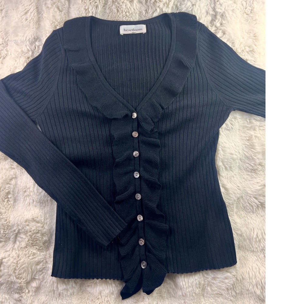 Heartloom Black Ribbed Ruffle V-Neck Button Front Cardigan Top Size MA29